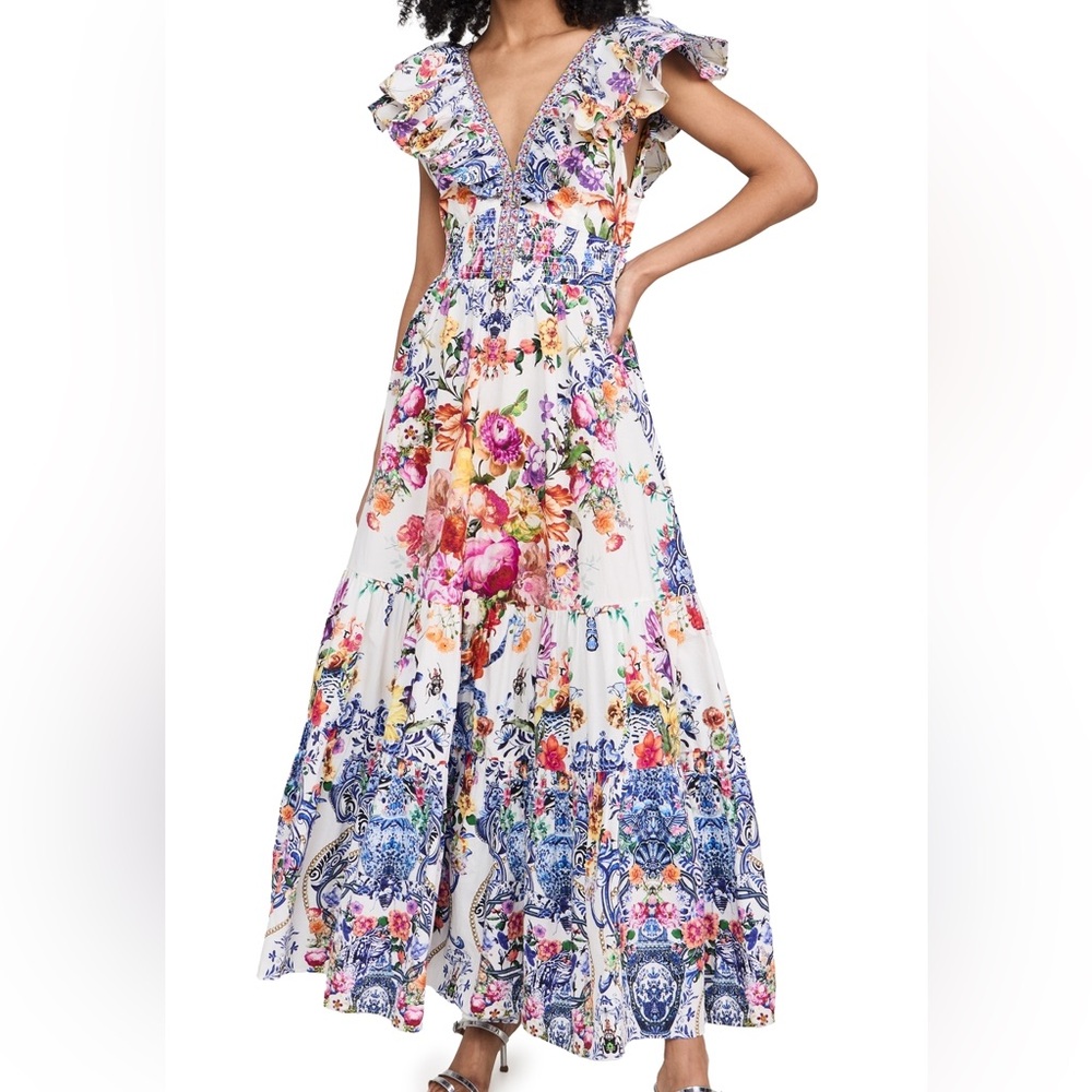 Camilla Neck Frill Tiered Floral Maxi Dress.            Size S